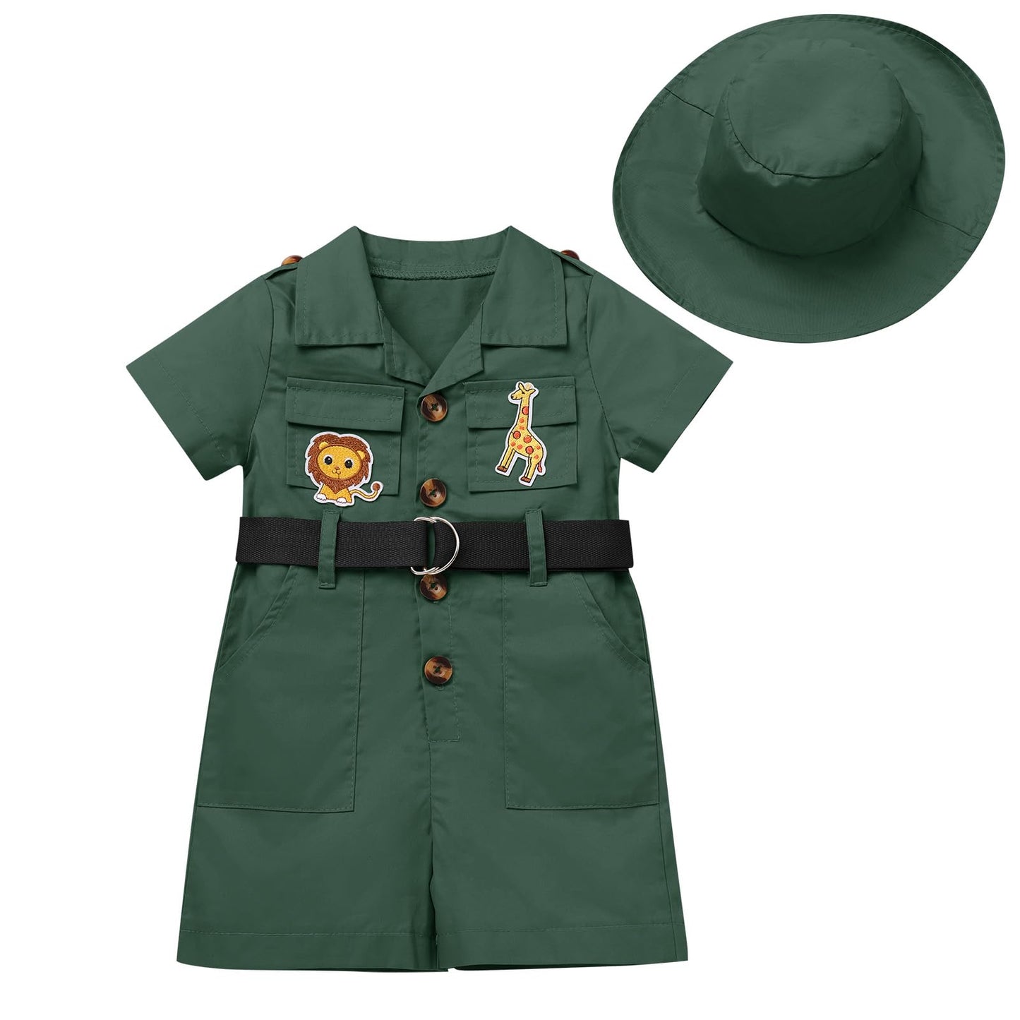 IDOPIP Baby Girls Wild Safari Outfit First Birthday Romper + Hat Jumpsuit Toddler Summer Party Clothes Set Overall Shorts Photo Shoot Bodysuit with Belt Green 2-3 Years