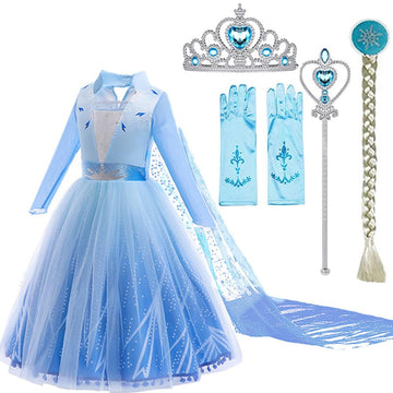 Sototoo Elsa Costume Long Sleeves Princess Dress Queen White Costume Cosplay Dress Up With Accessories Halloween (Sky Blue,9-10Y