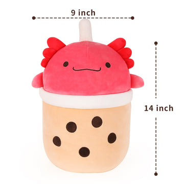 MMguai 14 inch Cute Big Axolotl Boba Tea Plush Soft Hugging Pillow Plushies,Large Red Pearl Milk Tea Stuffed Animals Toys Doll G