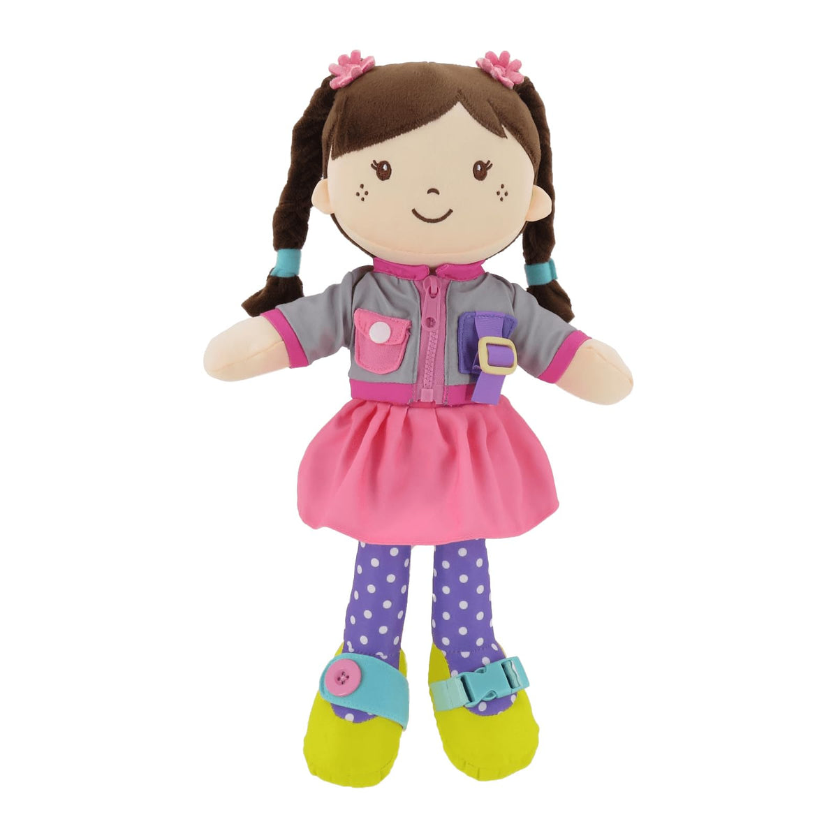 Linzy 15 Learn to Dress Stuffed Doll with Grey Jacket, Educational Montessori Doll for Toddlers, Soft Buckle Toy Gifts for 2 Ye
