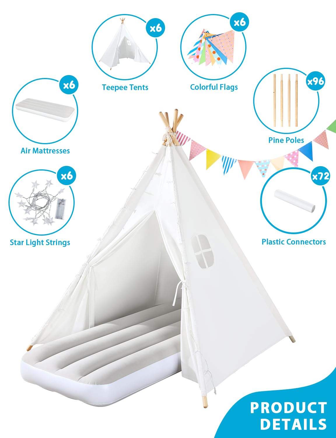 Wilwolfer 6 Pack Kids Teepee Tent Bulk With Light And Inflatable Airbed, Natural Cotton Toddler Play Tent For Girls Boys Indoor