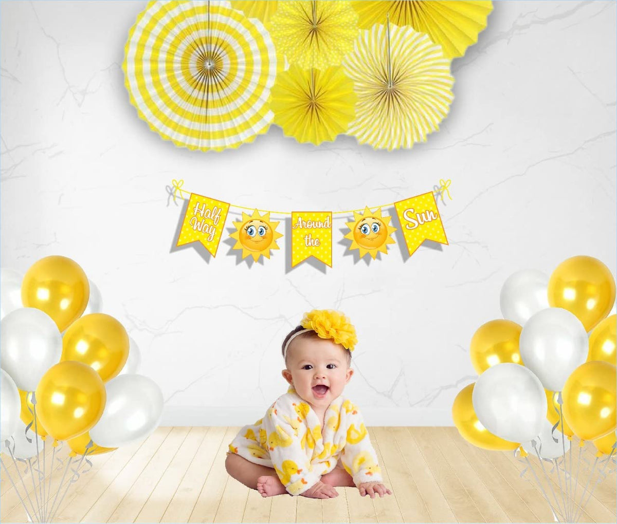 Untumble Half Birthday Decoration Kit  Half Way Around The Sun Banner, Yellow Paperfans & Balloons For Baby Boy & Girl  Pack