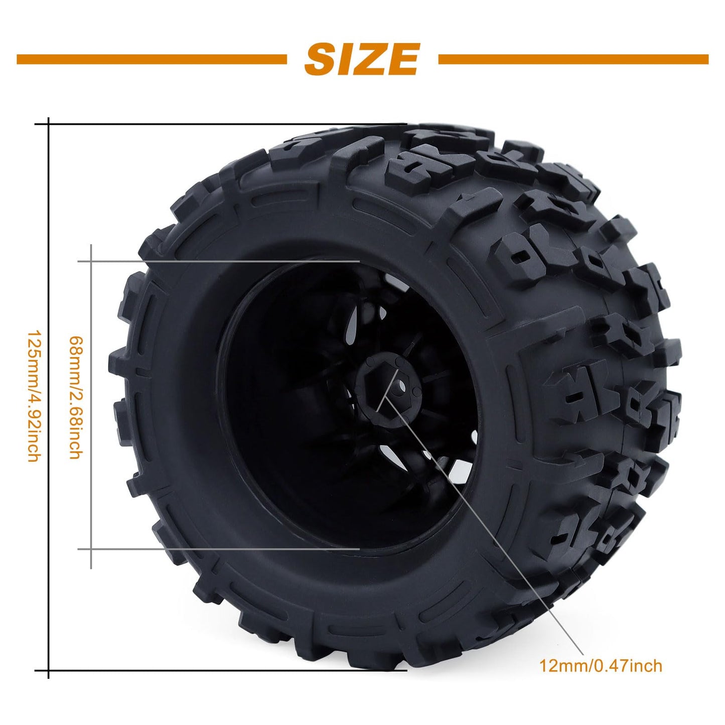 RC 2.8 ''Tires and Wheel Rim 12mm Hex for1/10 Monster Truck HPI HSP Savage XS TM Flux ARRMA GORGON KDM, Set of 4