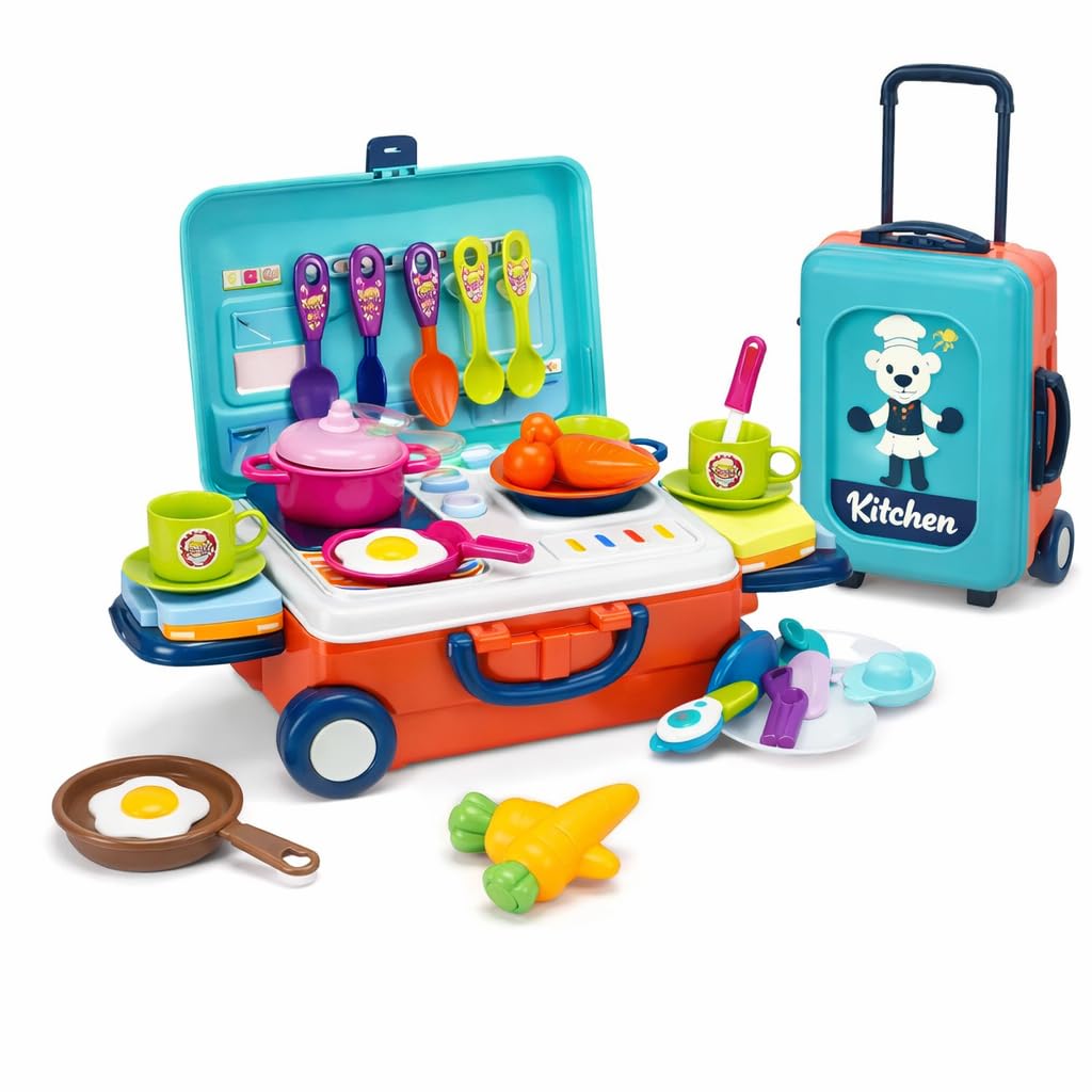 Kids Pretend Play Kitchen Set with Rolling Suitcase | 16Piece Cooking Toy Set | Portable Kitchen Chef Playset