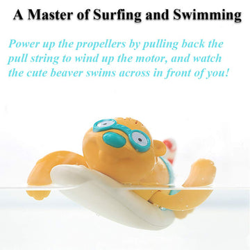 Nextake Pull String Baby Bath Toy Pull & Go Beaver Cute Surfing Beaver Swimming Beaver Windup Clockwork Bathtub Toy For Toddlers (Blue)