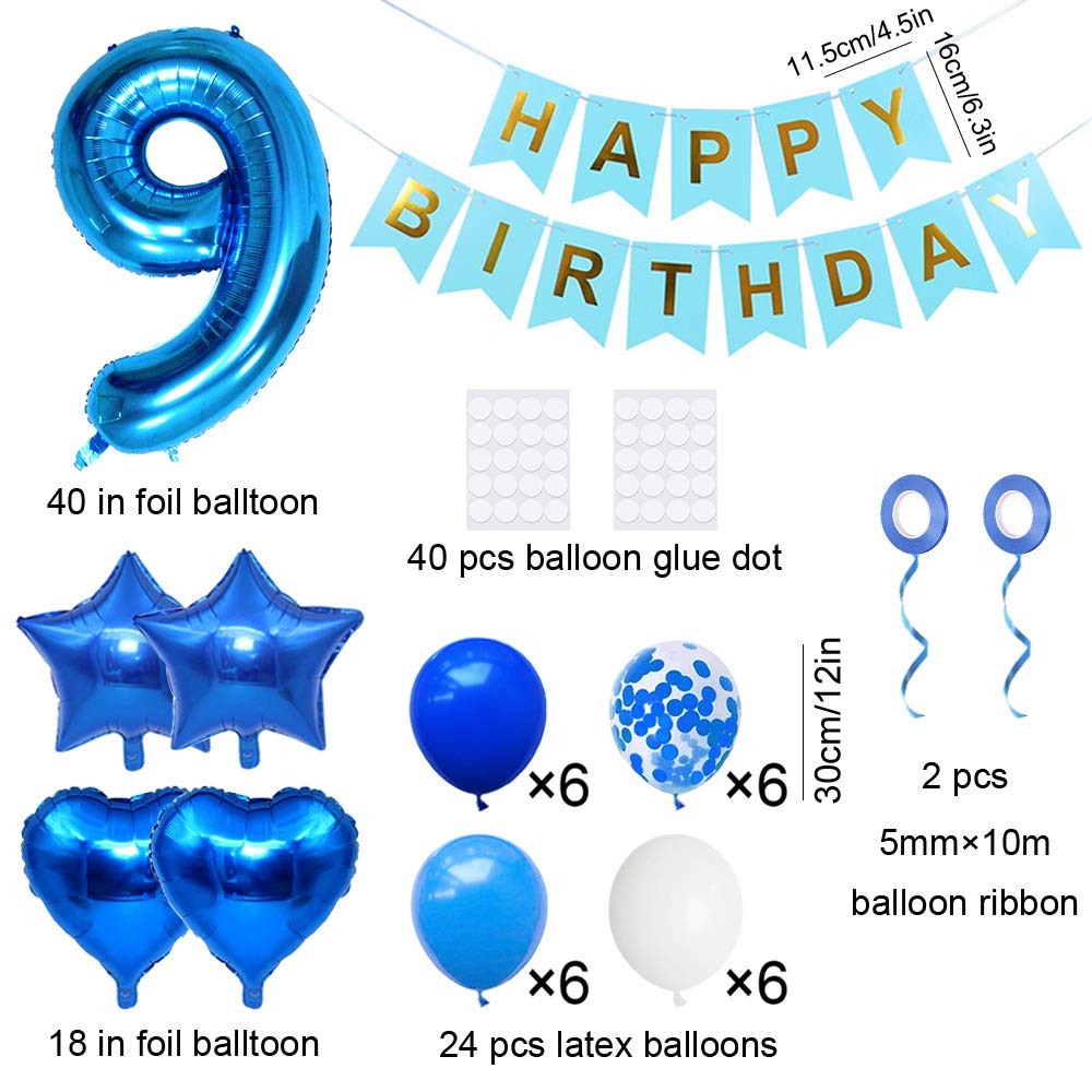 Huture 9 Birthday Party Supplies Blue Number 9 Foil Balloon Happy Birthday Banner Kit 9Th Birthday Decoration White Blue Latex C