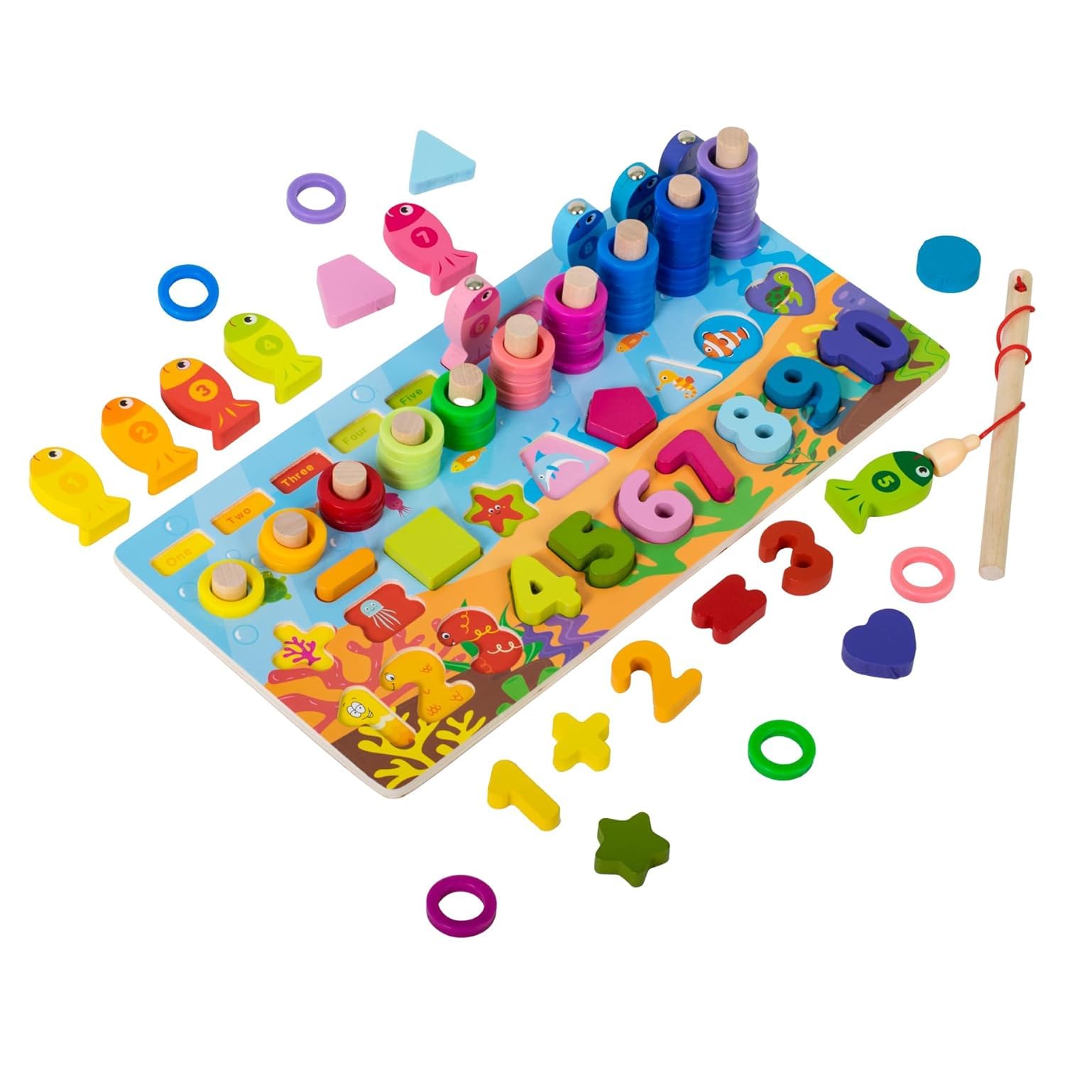 Little Mind Wooden 5In1 Montessori Learning Board  Numbers, Shapes, Fishing Game & Stacking Toys  Multifunctional Educationa