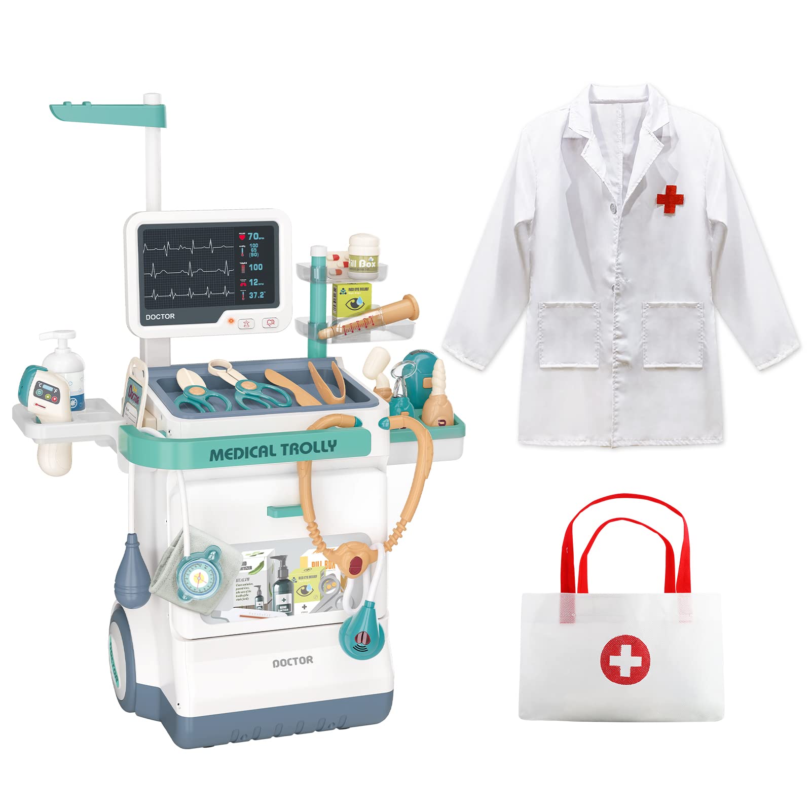 Jovow Doctor Kit for Kids, Pretend Medical Station Set for Boys & Girls, 28Pcs Pretend Play Medical Kit Toy, Mobile Cart with So