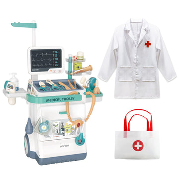 Jovow Doctor Kit for Kids, Pretend Medical Station Set for Boys & Girls, 28Pcs Pretend Play Medical Kit Toy, Mobile Cart with So
