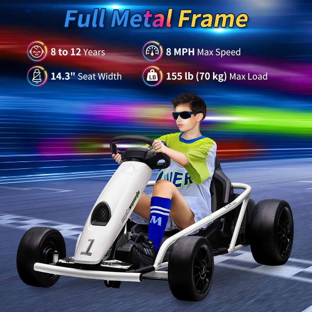 Ride on Go Kart for Kids, 24V 9Ah Battery 300W*2 Motors, 8MPH High Speed Drifting Circling Car, Slow Start Function with Music,