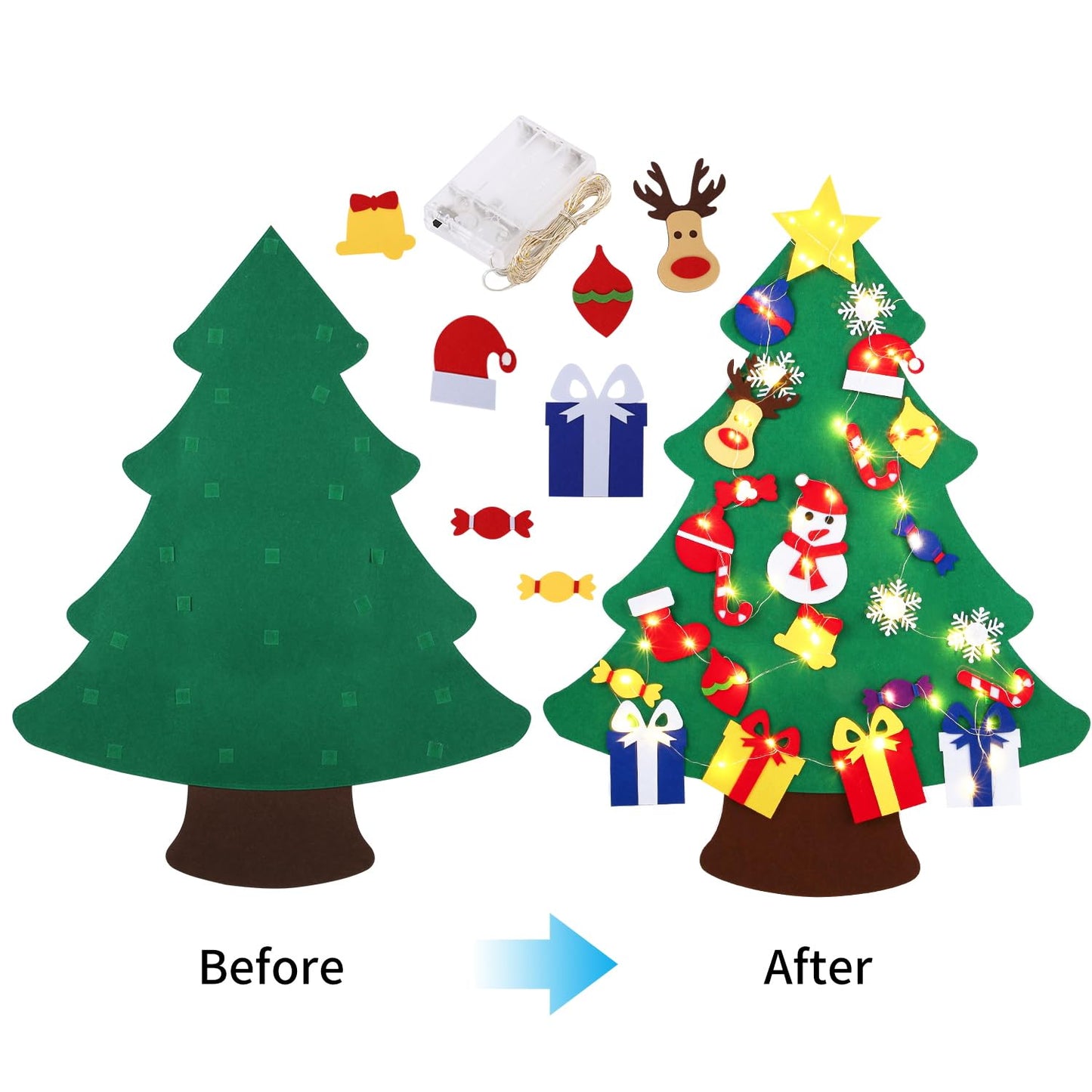 3FT DIY Felt Christmas Tree for Kids with 31pcs Detachable Ornaments,Wall Hanging Xmas Christmas Decorations with String Light (