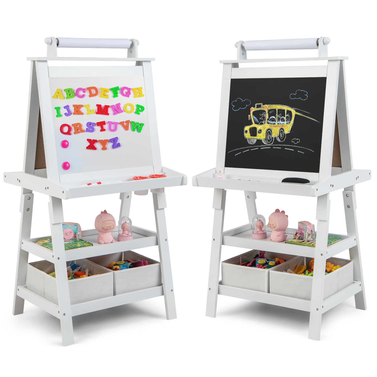 HONEY JOY Art Easel for Kids, 3-in-1 Double-Sided Wooden Toddler Easel w/Magnetic White Board & Chalkboard, Paper Roll, 2 Storag