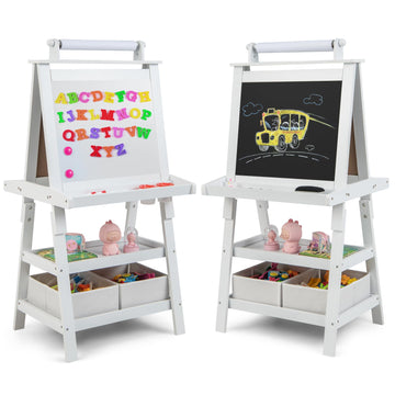 HONEY JOY Art Easel for Kids, 3-in-1 Double-Sided Wooden Toddler Easel w/Magnetic White Board & Chalkboard, Paper Roll, 2 Storag