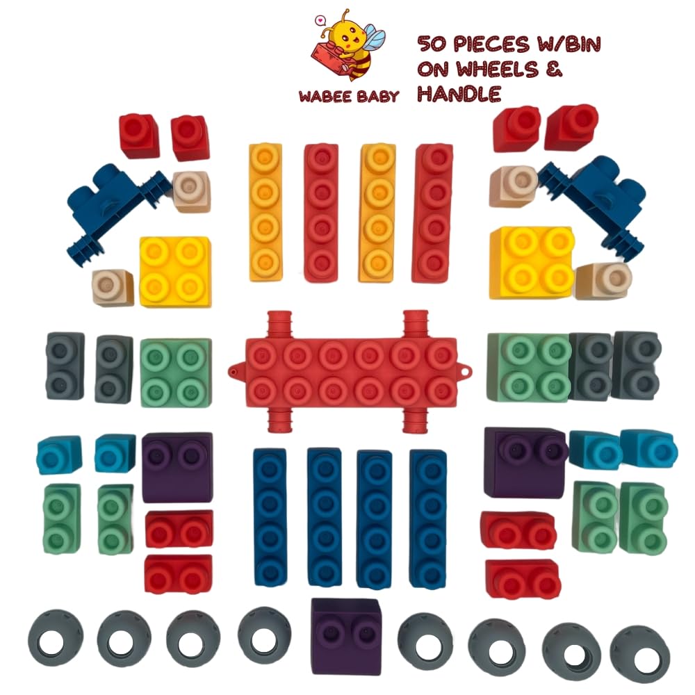 Wabee Baby Large Soft Rubber Toddler Blocks, 50 Pieces In Storage Bin On Wheels - Includes Booklet, Toy, Gift, Birthday, 6M, 1-2