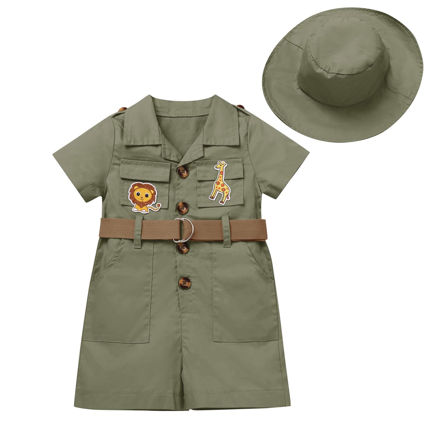 Baby Safari Outfit Wild One Birthday Outfit Girl Short Sleeve Safari Jumpsuit With Hat Toddler Zoo Keeper Costume Army Green 0-6