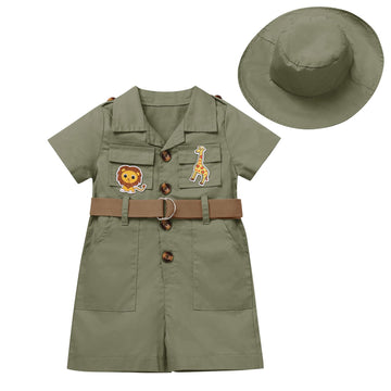 Baby Safari Outfit Wild One Birthday Outfit Girl Short Sleeve Safari Jumpsuit With Hat Toddler Zoo Keeper Costume Army Green 0-6