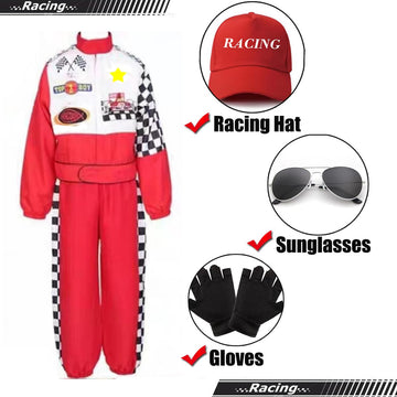Aroacle Race Car Driver Costume Boys Racing Suit With Car Cap Sunglasses Kids Racer Dress Up For Halloween (Red, 4-5T)