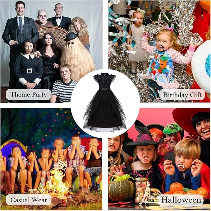 Chektin Black Costume Dress for Girls Halloween Costumes Kids Cosplay Family Birthday Party with Accessories 6-7 Years