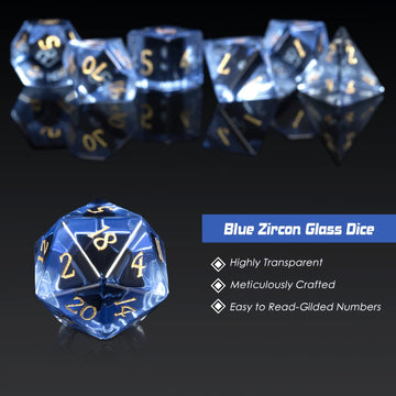 Glass DND Dice Set DNDND 7 Piece Zircon Dice with Great Gift Box for D&D Dungeons and Dragon Tabletop Game (Blue Glass with Gold