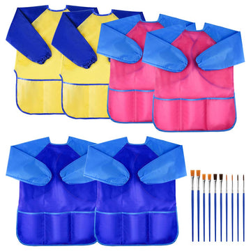 Kuuqa 6 Pcs Waterproof Art Smock Kids Art Painting Aprons Long Sleeve With 3 Roomy Pockets And 10 Pcs Painting Brushes, Age 2-6 Years
