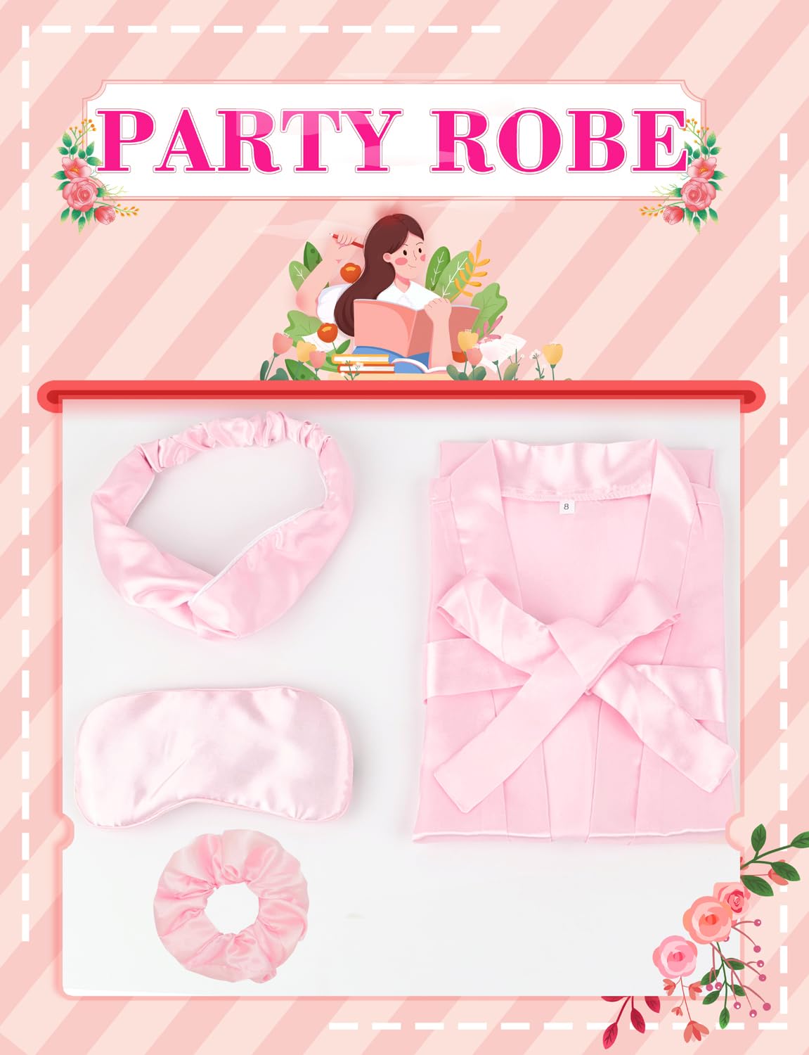 Kid Girls Spa Costume Party Set with Eyemask Hairband Hair Ring  Silky Plain Kimono Robes for Wedding Flower Robe (Pink  Tag 10)