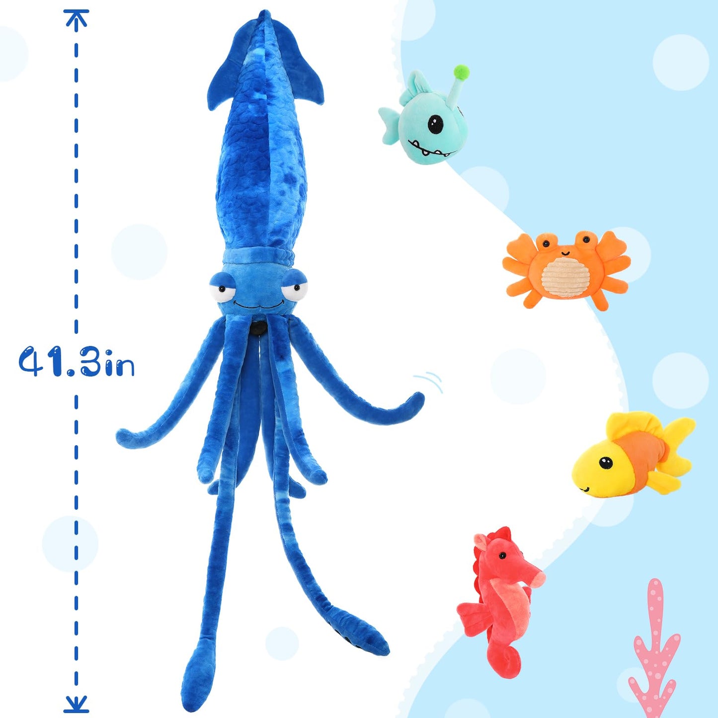 Karister Giant Squid Stuffed Animal Toy 41.3" with 4 Marine Plush Dolls - Clownfish, Crab, Seahorse, Angler Fish - Polyester