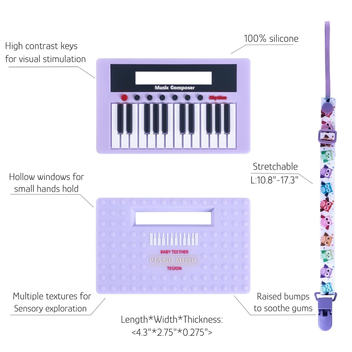 Unique Cute Silicone Newborn Baby Girl Shower Gifts Piano Teething Toy- Black and White High Contrast Visual Stimulation Develop