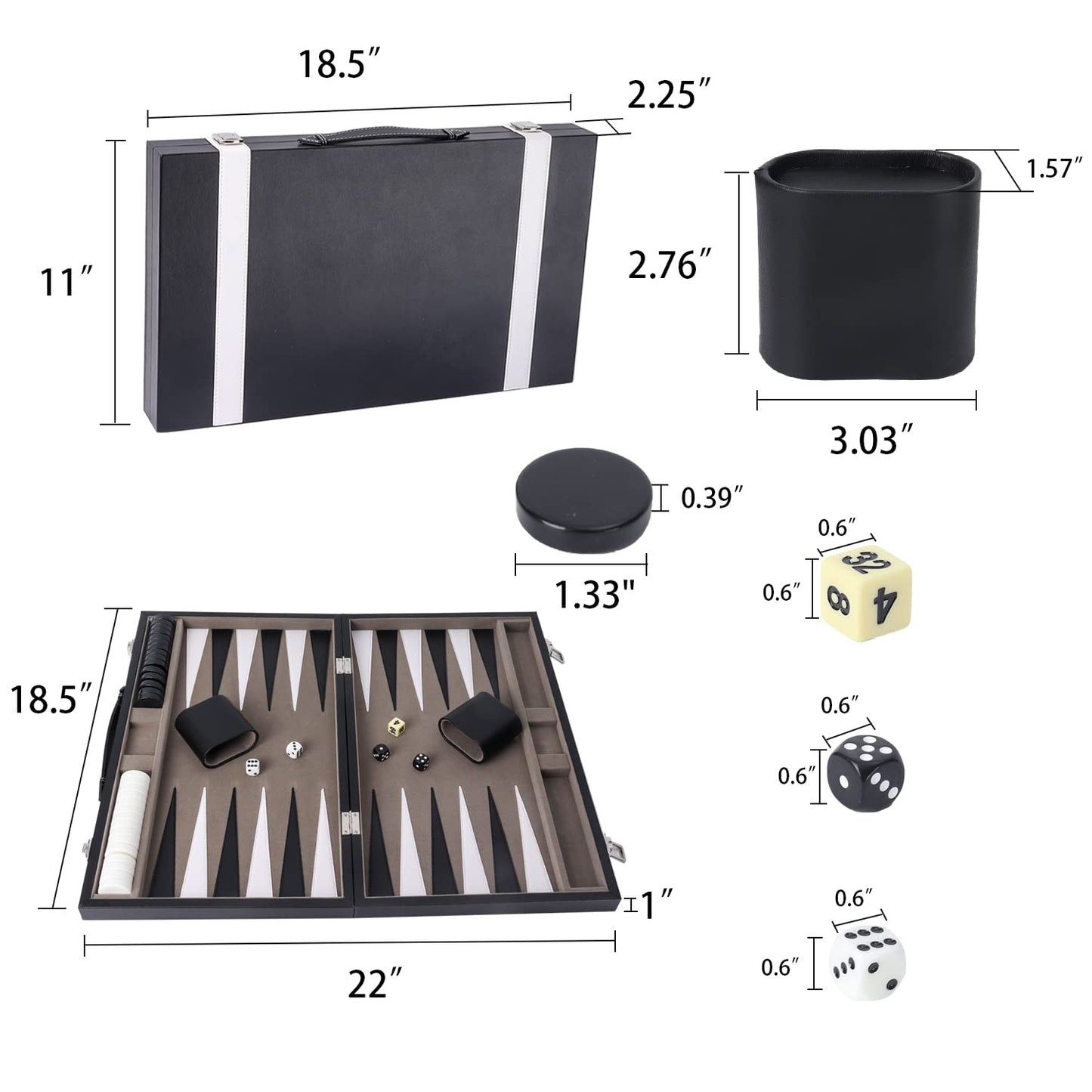 GSE Games & Sports Expert enhanced Leather Backgn Board Game Set  Classic Backgn Game Set with Leather Case  Travel Folding Board Game (Black&Grey  Large)