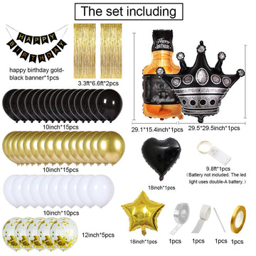 Msmancy Black And Gold Birthday Decorations For Women Men 53Pcs With Happy Birthday Banner Curtains Bottle Crown Heart Star Led