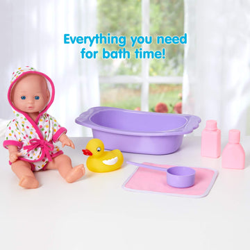 Kidoozie Bathtime Baby Doll Set, 12-Inch Rubber Doll with Bath Tub & Accessories, Pretend Play for Kids Ages 3+ (Model G02566)