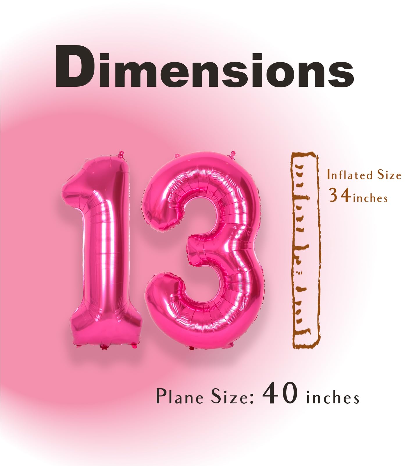 Suwen 40 Inch Hot Pink Large 13 Number Balloons Big Foil Helium Number Balloons 0-9 Jumbo Happy 13Th Mylar Birthday Party Decora