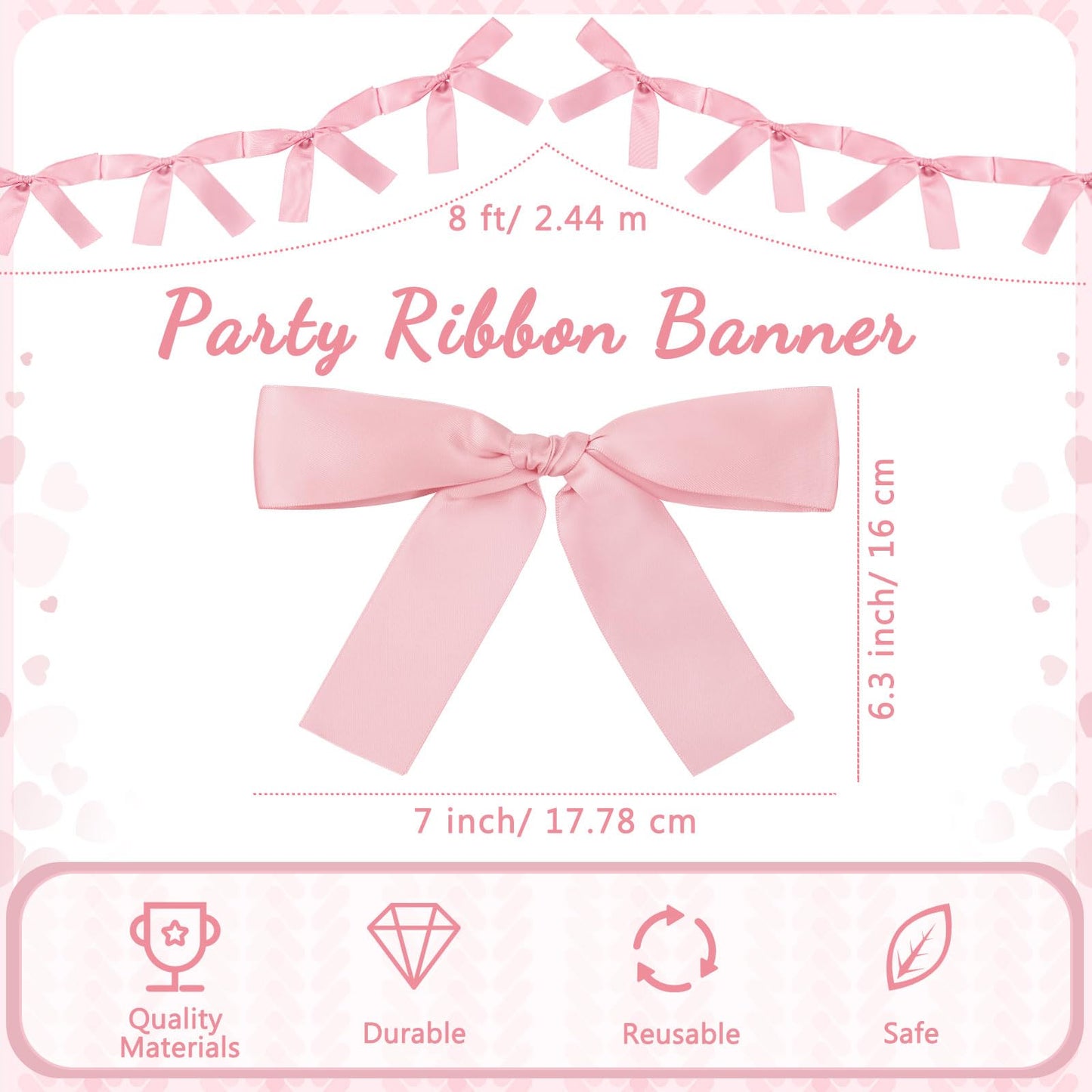 Trandraft 2 Pcs Pink Bow Garland Banner 16.4 FT Bow Party Decortions for Girls Pink Bow Ribbon Banner Bow Birthday Baby Shower D