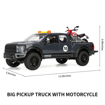 Sasbsc Toy Pickup Trucks For 3 4 5 Year Old Boys 1:18 Friction Power Truck Toy With Motorcycle Plastic Big Trucks With Lights An