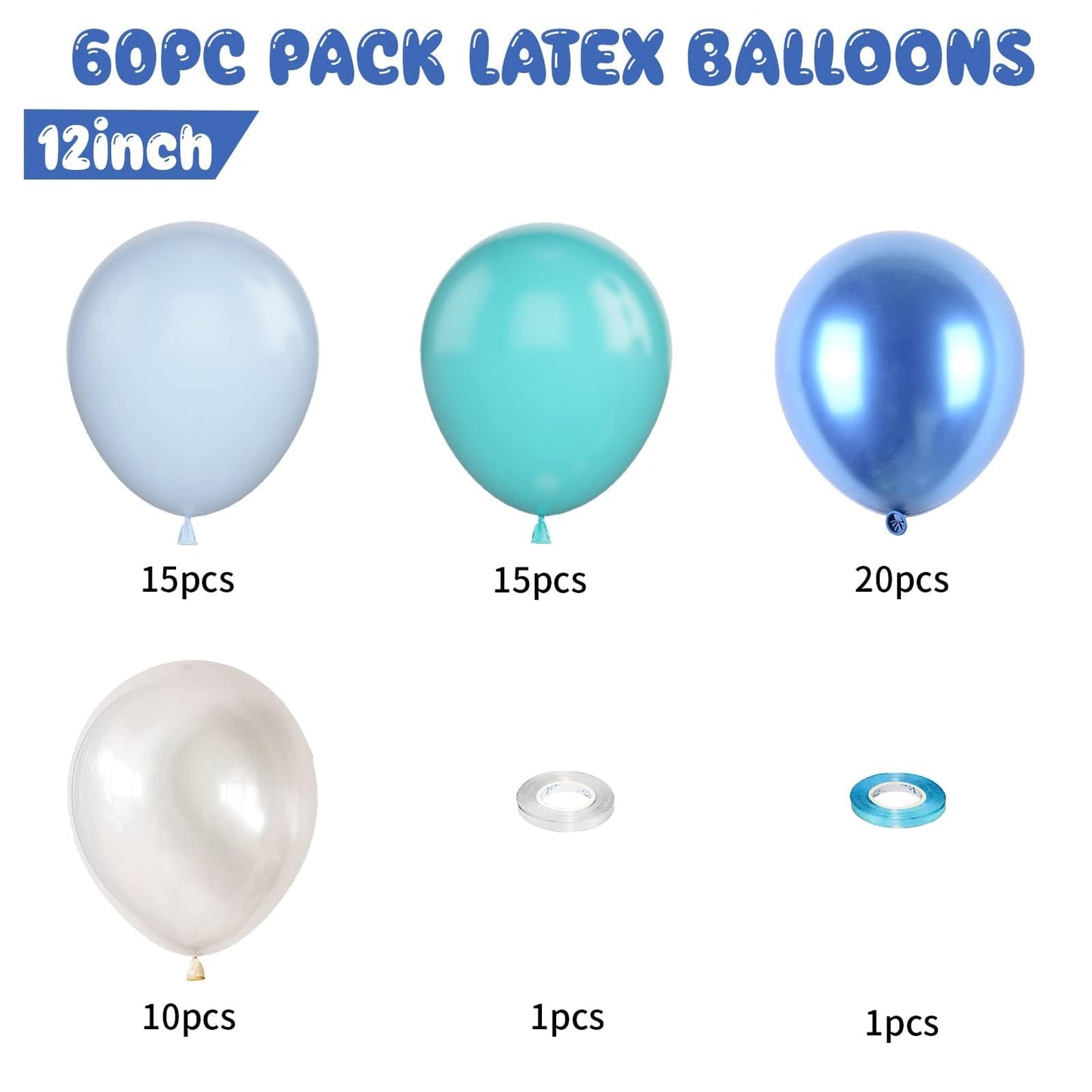 Blue Balloons, 60 Pcs 12 Inch Blue Transparent Birthday Balloons With Blue Metallic Blue Latex Balloons, Blue Party Balloons Dec