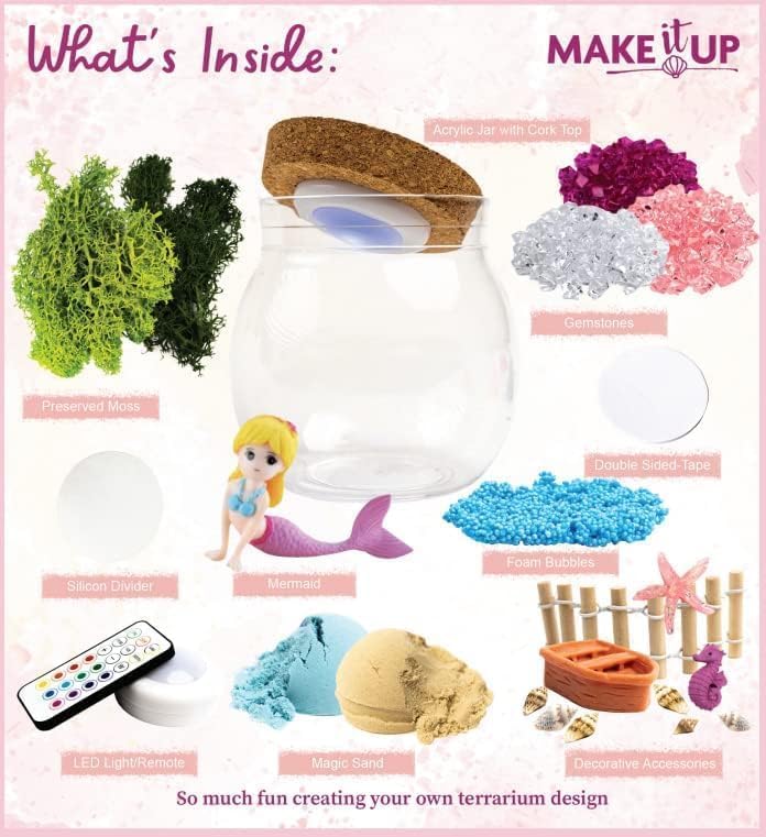Mermaid Light Up Terrarium Kit For Kids I Diy Mermaid Toys Craft Kits For Kids I Night Light For Kids Crystal Growing Kit I Terrarium Jar For Kids I Birthday Gifts For Girls Age 4-12