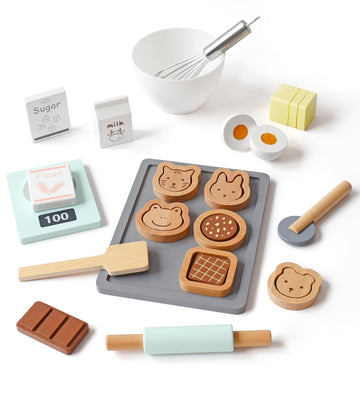 PairPear Wooden Toy Cookies and Baking Set,Kids 28 Pieces Play Food Toy Kitchen Playset,Pretend Play Kitchen Accessories Gift fo