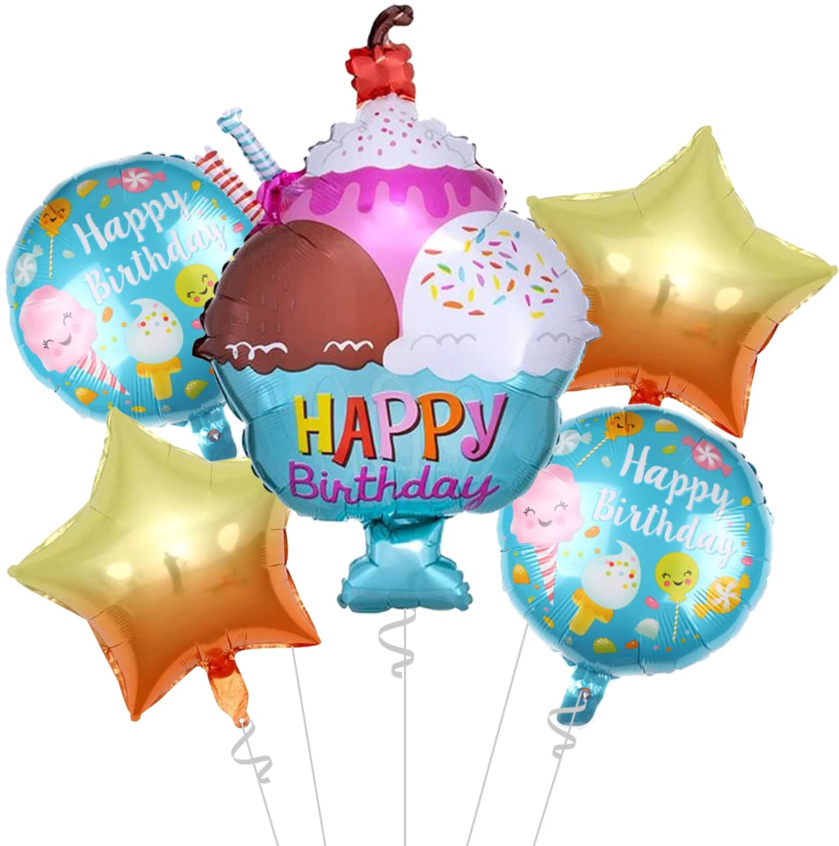 AMFIN (Pack of 5) Ice Cream Foil Balloons/Ice Cream Theme Foil Balloon/Happy Birthday Decoration/Star Decoration/Round Balloon H