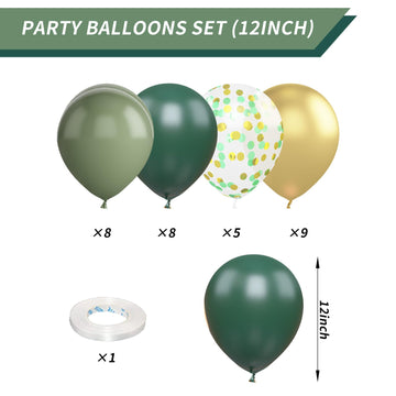 Green And Gold Balloons, 12 Inch Dark Emerald Green Sage Green Metallic Gold Balloon Green Gold Confetti Balloons For Birthday W