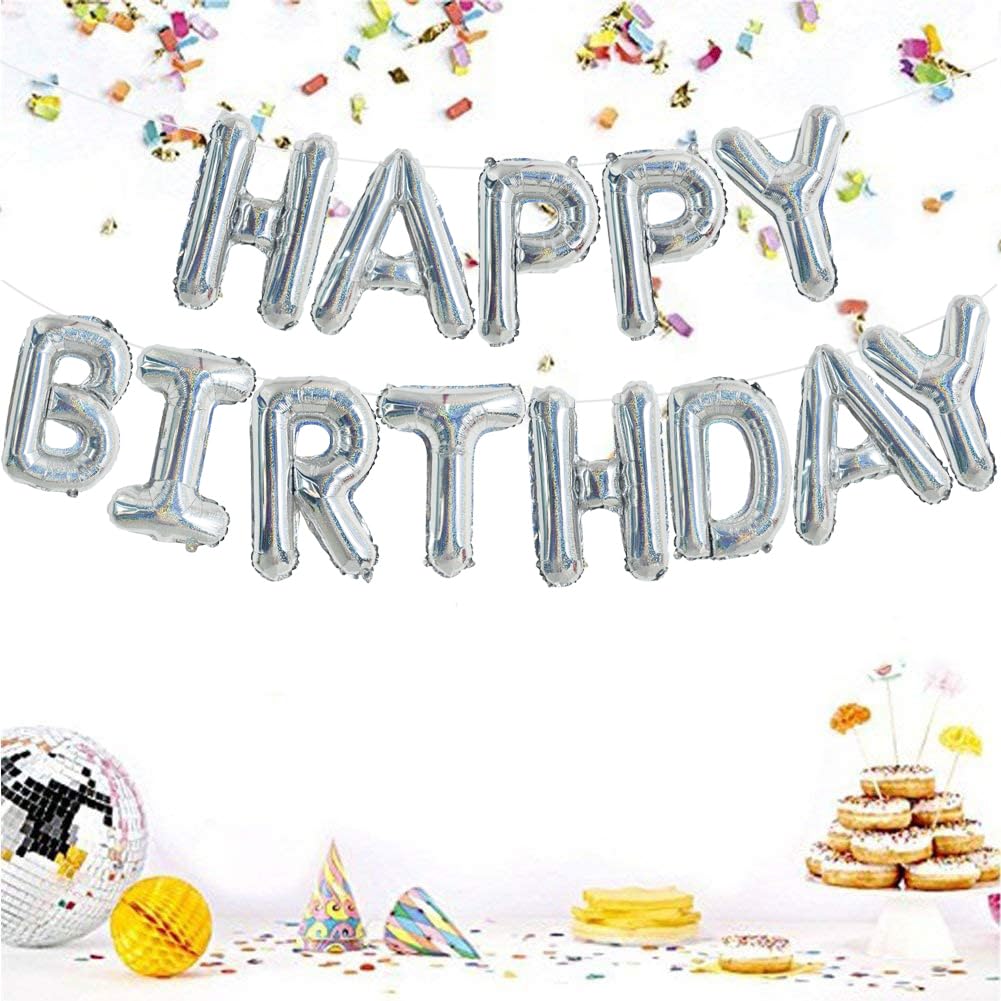 Toniful Laser Silver Happy Birthday Balloon Banner 16 Inch Mylar Foil Letters Birthday Sign Bunting Reusable For Girls Boys Kids
