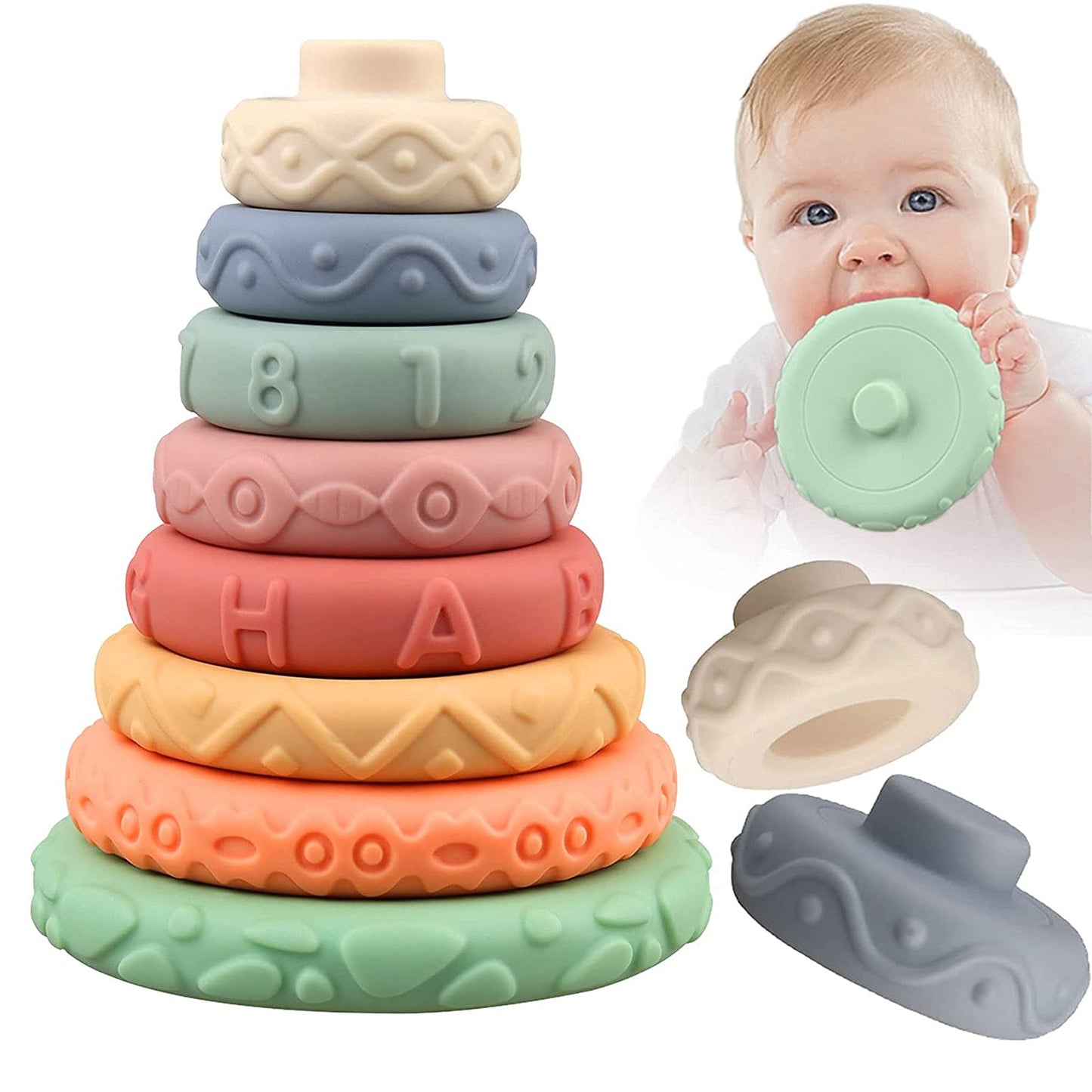8 Pcs Stacking Rings Soft Toys For Babies 6 Months And Up Old Girls Boys - Toddlers Sensory Educational Montessori Baby Blocks -