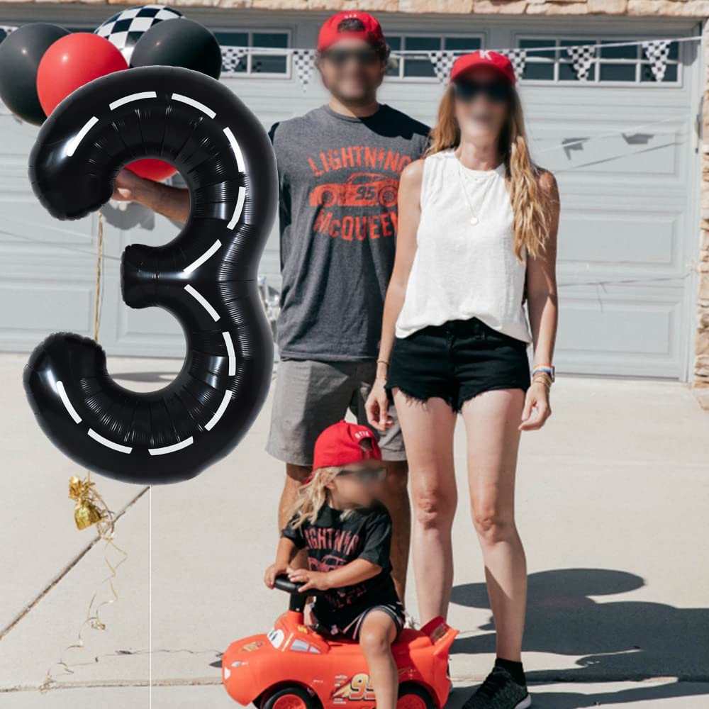 Toniful Race Car Black Balloons Car Birthday Party Supplies,40 Inch Giant Jumbo Helium Foil Mylar Big Number 3 Digital 3 Balloon