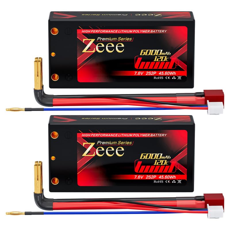 Zeee Premium Series 2S Shorty Lipo Battery 6000mAh 7.6V 120C Hard Case with 4mm Bullet to Deans Connector High Voltage Battery f