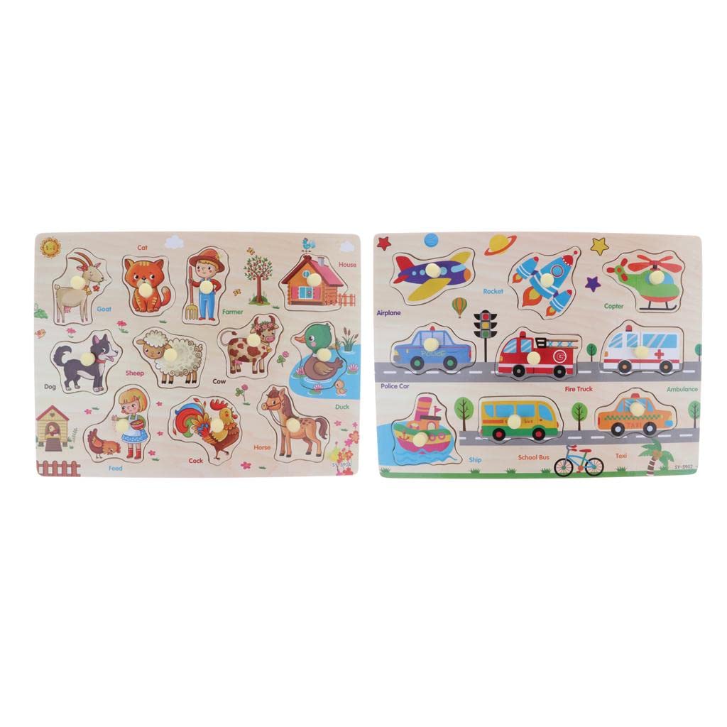 CALANDIS?2 Set Wooden Peg Puzzle Preschool Educational Toy  Traffic & Farm Animals | Preschool Toys & Pretend Play