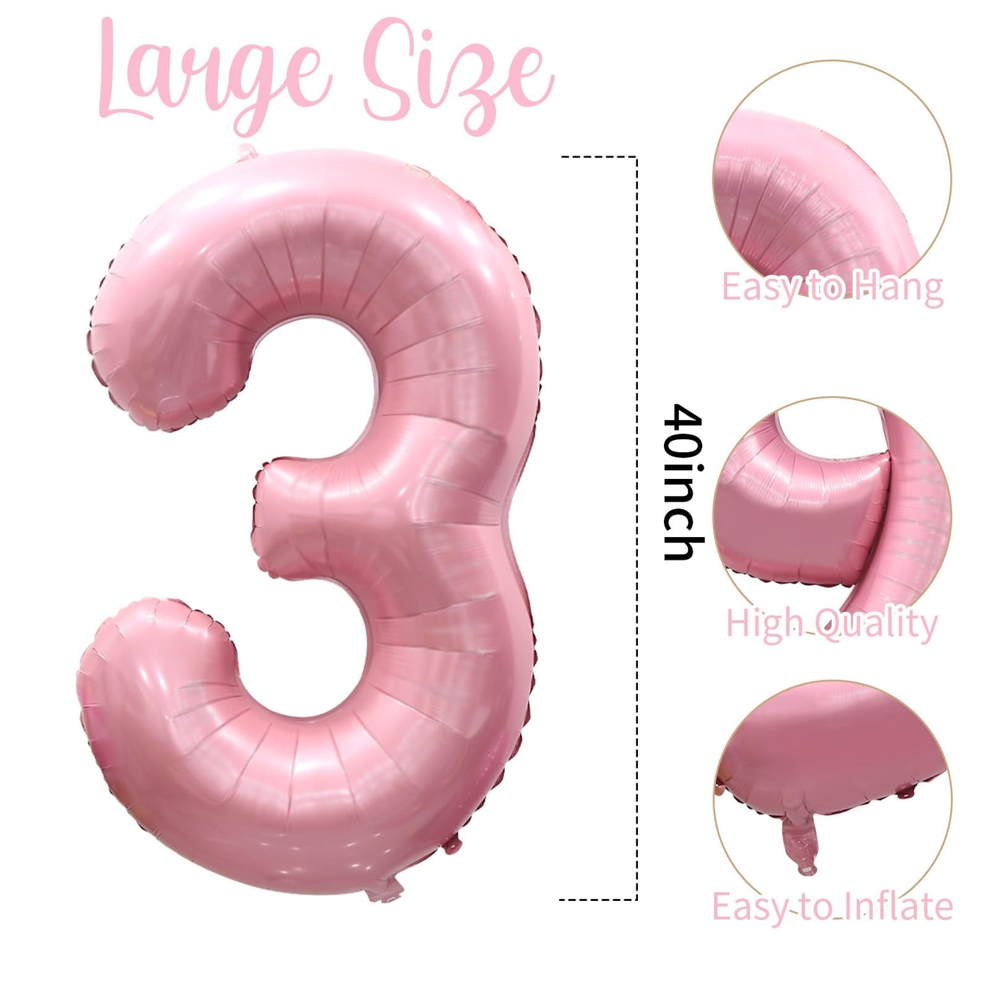 Wpensky 40 Inch Pink Number 3 Foil Balloon, Aluminum, Large Birthday Decoration for Girls 3rd Birthday Party Supplies