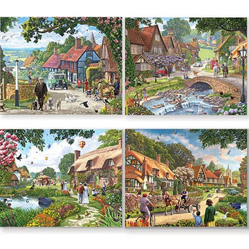Bits And Pieces - 4-In-1 Multi-Pack 500 Piece Jigsaw Puzzles For Adults - Village Life By Artist Steve Crisp, Completed Puzzle S