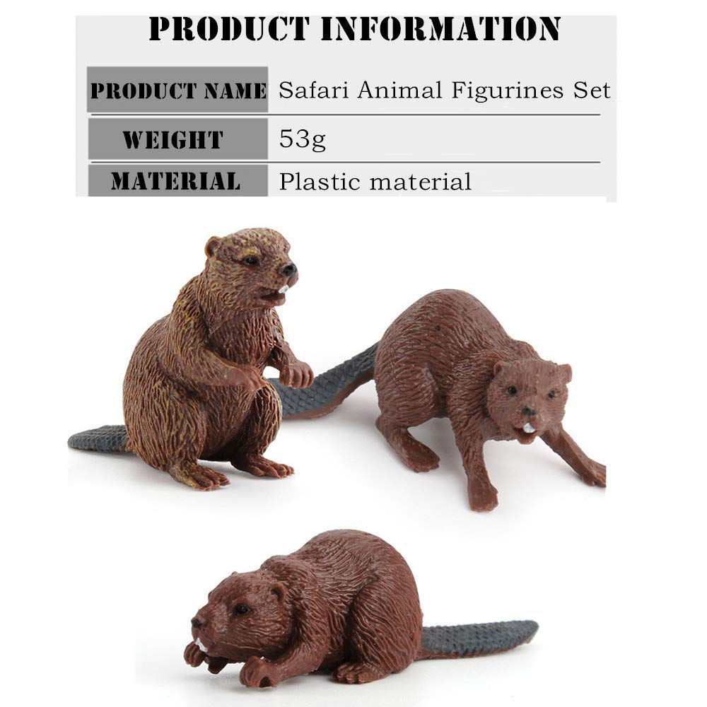3Pcs Safari Animal Figurines, Toy Animals For Kids With Beavers, Cake Toppers