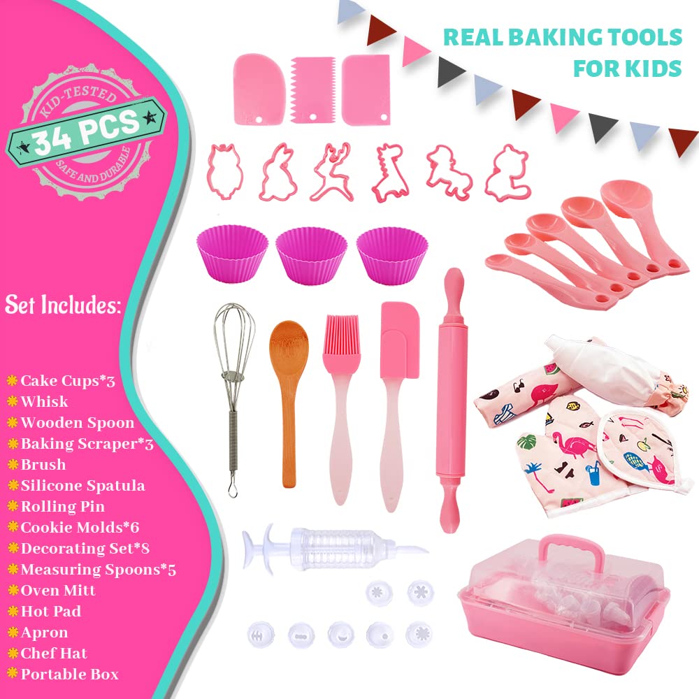 kkmon Kids Cooking and Baking Set - 34 Pcs Kids Chef Role Play Costume Set with Apron, Chef Hat, Mitt, Pastry Injector, Cookie C