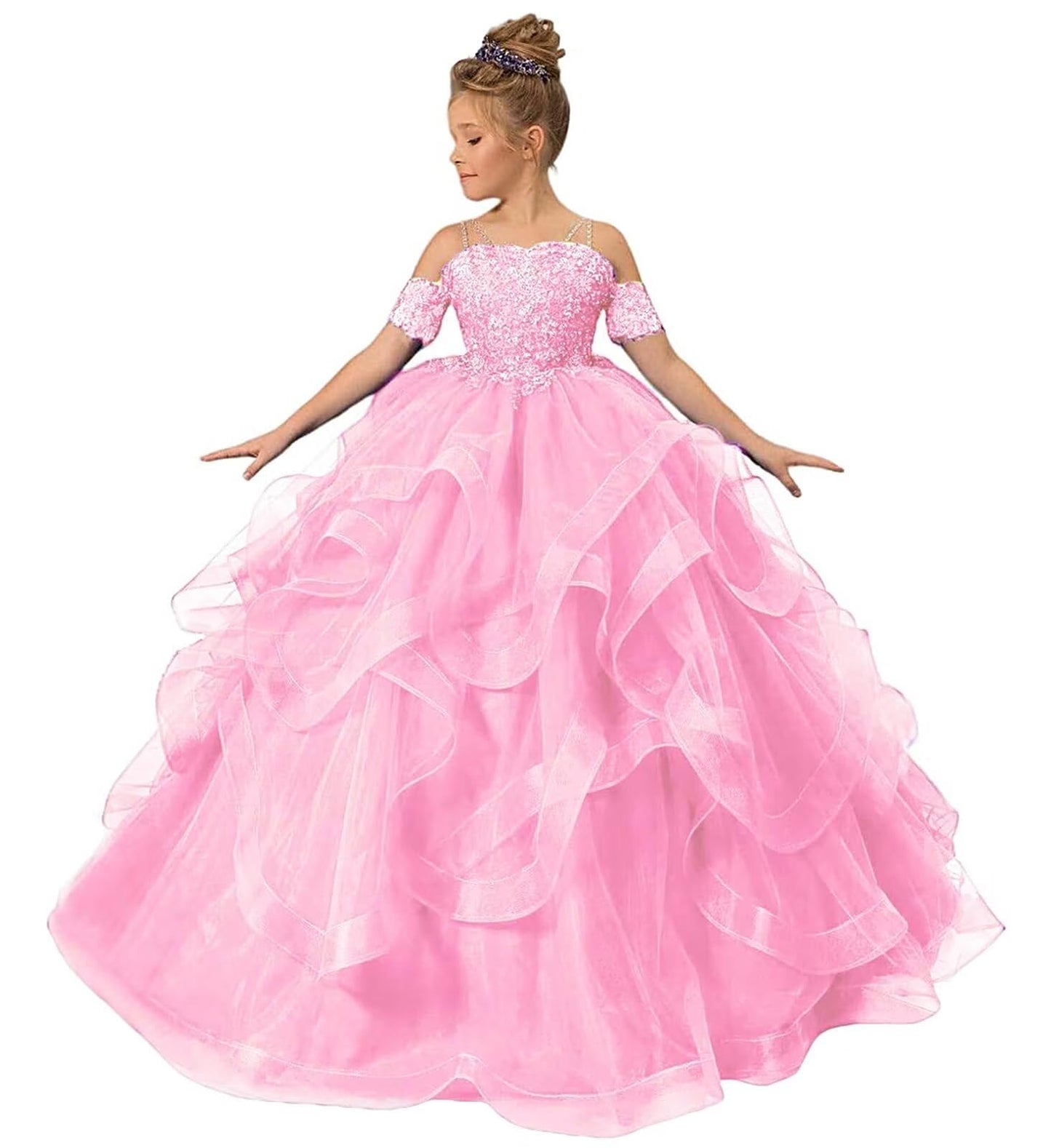 Zpvp Princess Flower Girl Dress For Wedding Long Tulle Girls Pageant Dress Puffy Ruffles Beaded Appliques Party Costumes Pink Us