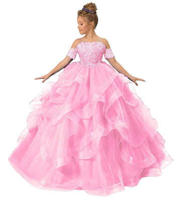 Zpvp Princess Flower Girl Dress For Wedding Long Tulle Girls Pageant Dress Puffy Ruffles Beaded Appliques Party Costumes Pink Us