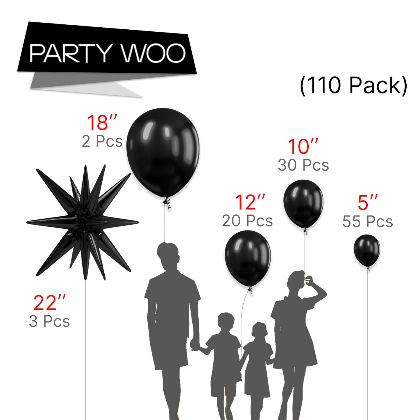Partywoo Black Balloons, 110 Pcs 22 Inch Star Balloons And Black Balloons Different Sizes Pack Of 18 Inch 12 Inch 10 Inch 5 Inch For Balloon Garland Or Arch As Birthday Decorations, Party Decorations